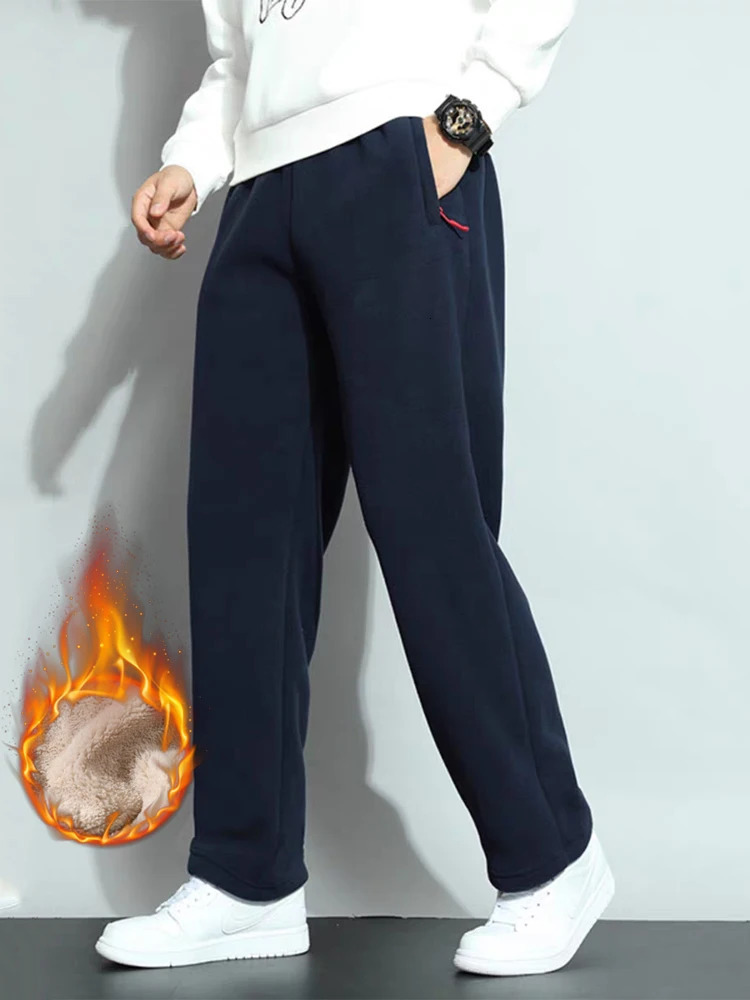 Mens Winter Fleece Pants Straight Warm Sweatpants with 2 Zip Pockets Snow Cold Thickened Thermal Men Trousers 251213