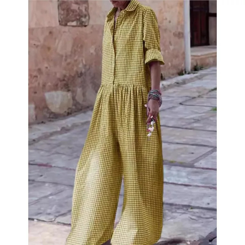 Womens Loose Casual Plaid Printed Jumpsuit Fashion Lapel Single Breasted Half Sleeve Wide Leg Spring Autumn Lady 251226