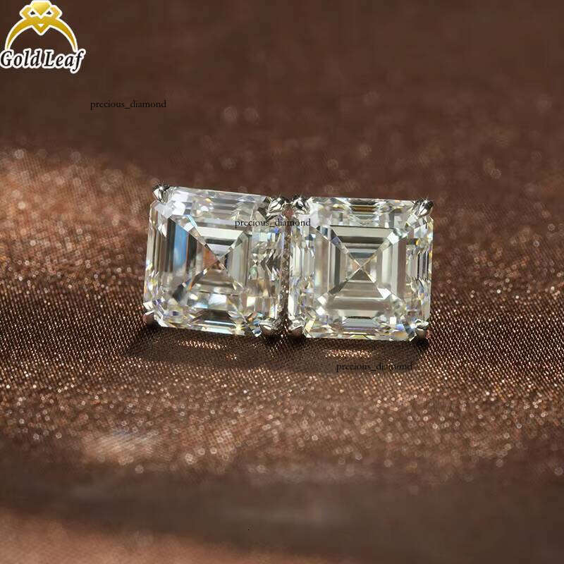 10K Gold Leaf HPHT CVD Lab-Grown 5CT Asscher Lab VVS Moissanite Jewelry for Women and Men Push Screw Stud Earrings