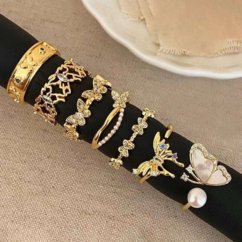 Real 925 Sterling Silver Zircon Pearl Butterfly Opening Rings for Women Cute Insect Fine Jewelry Minimalist Accessories