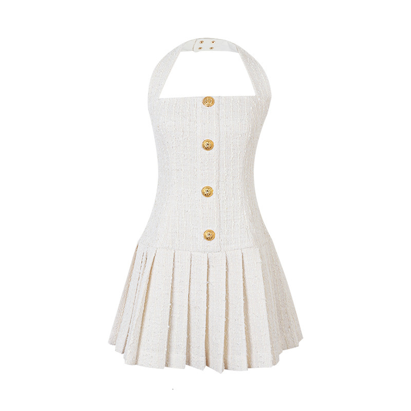 High-end Urban Sexy Women's Dress - Luxurious Versatile Casual Golden Button Thick Woolen Fabric Scoop Neck Wrap-style Dress