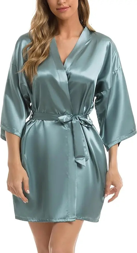 Womens Kimono Robes Dressing Gown Satin Bathrobe Nightdress Short Style Bridal Robe 251231