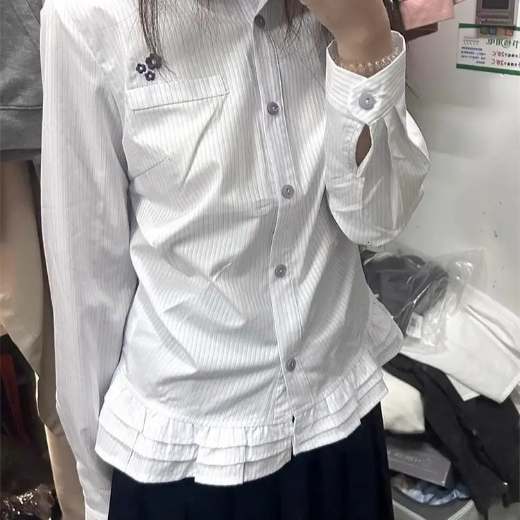 Japanese Sweet Academia Shirt Women Striped Long Sleeve Blouse with Ruffle Hem Y2K Vintage School Style Top Kawaii Unique De 251231