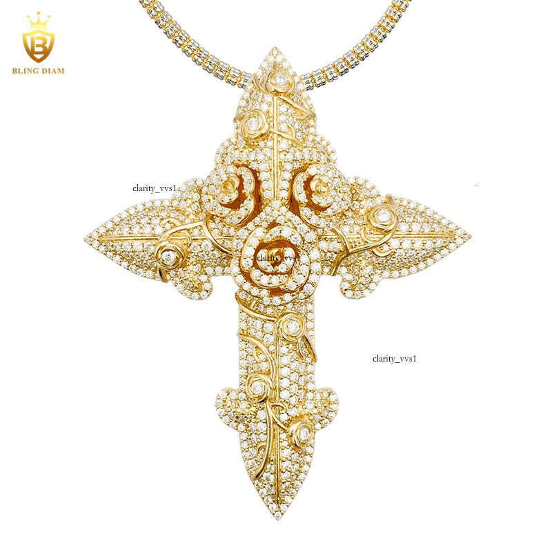 In Stock Fashion Hip-Hop Jewelry Rose Flower Cross Pendant Necklace VVS Moissanite 925 Sterling Silver