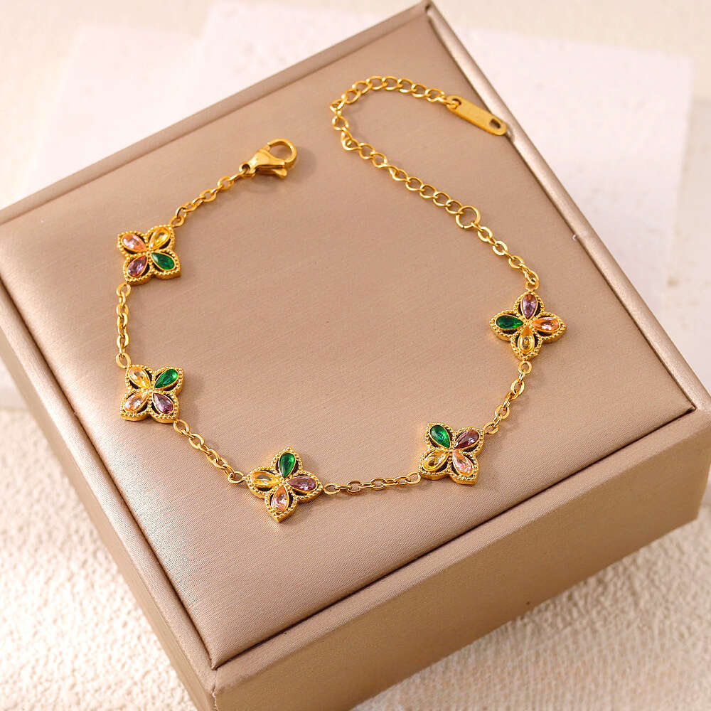 18K Gold-Plated Bracelet Floral Design Women's Bracelet Featuring Colored Gemstones