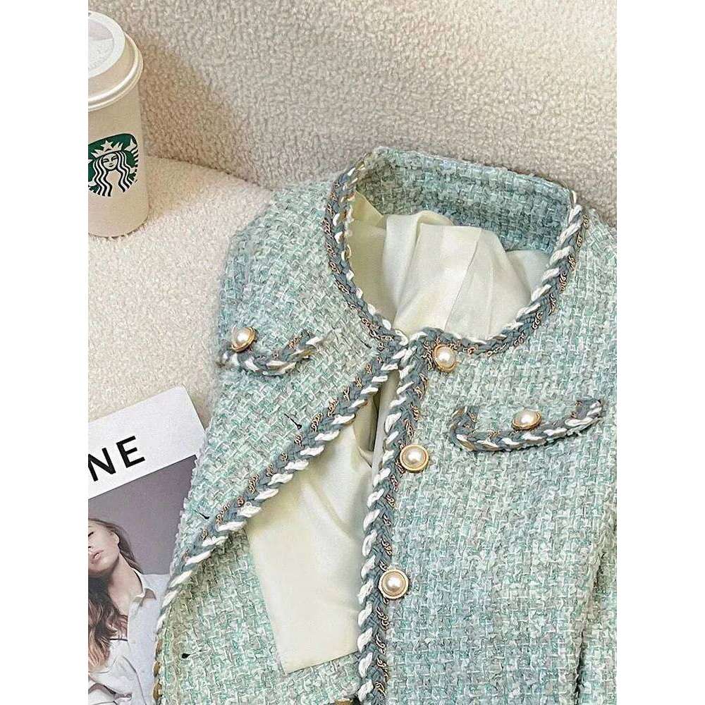 Chic Button Crop Coats Women Spring Autumn Long Sleeve O Neck Elegant Jacket French Fashion Exquisite Office Lady Tweed Outwear
