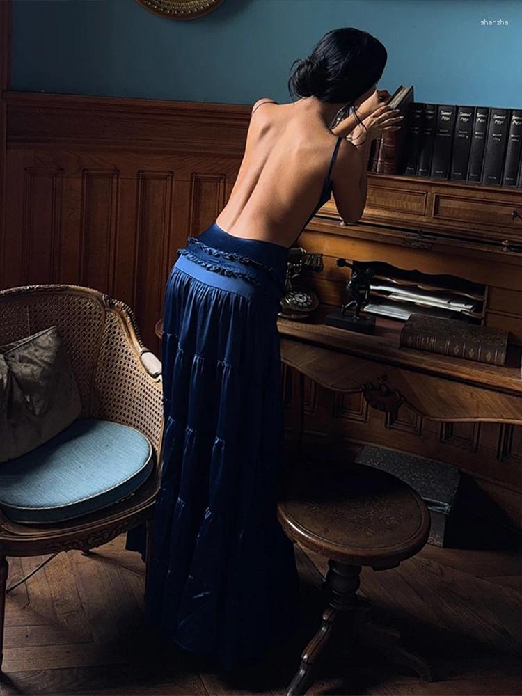 Casual Dresses Elegant Suspender Sleeveless Backless Party Dress Blue V-neck Ruffles Spliced Long Sexy Lady Year Evening Robes