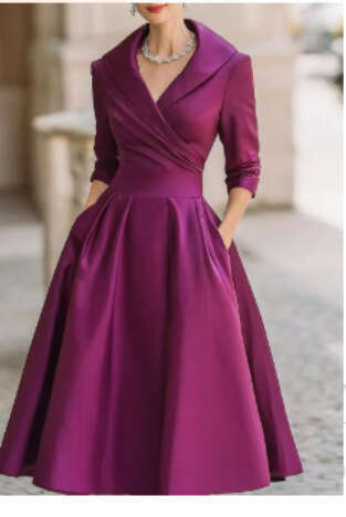 Satin Waist-Cinching Slimming Elegant Long Sleeve Dress for Women 2026 European American Style for Wedding & Evening Party
