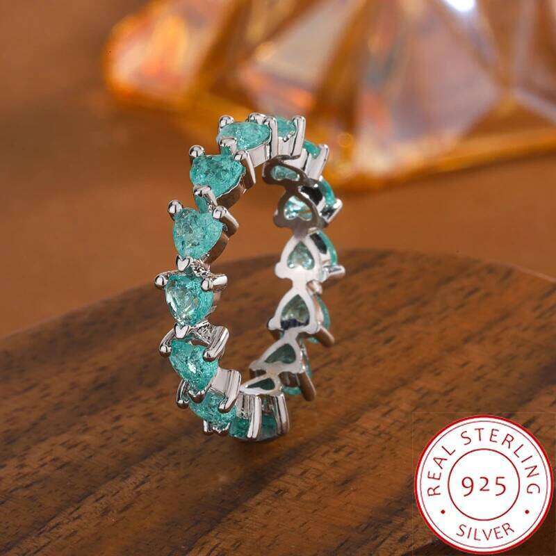 S925 Sterling Silver Green for Women Full Paved Heart CZ Eternity Band | Girlfriend Gift Engagement Ring