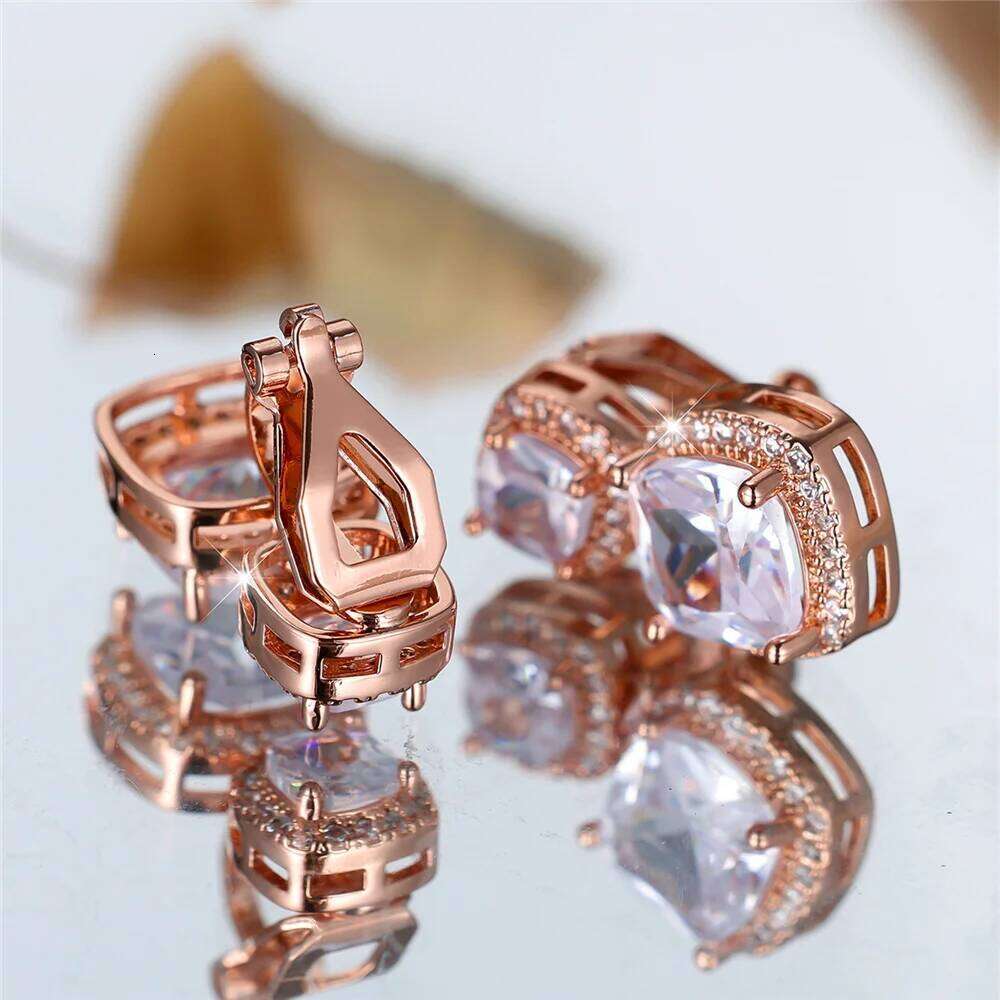 Square Stone White Zircon Clip Earring Luxury Crystal Geometric Earrings For Women Vintage Rose Gold Color Wedding Jewelry Gifts