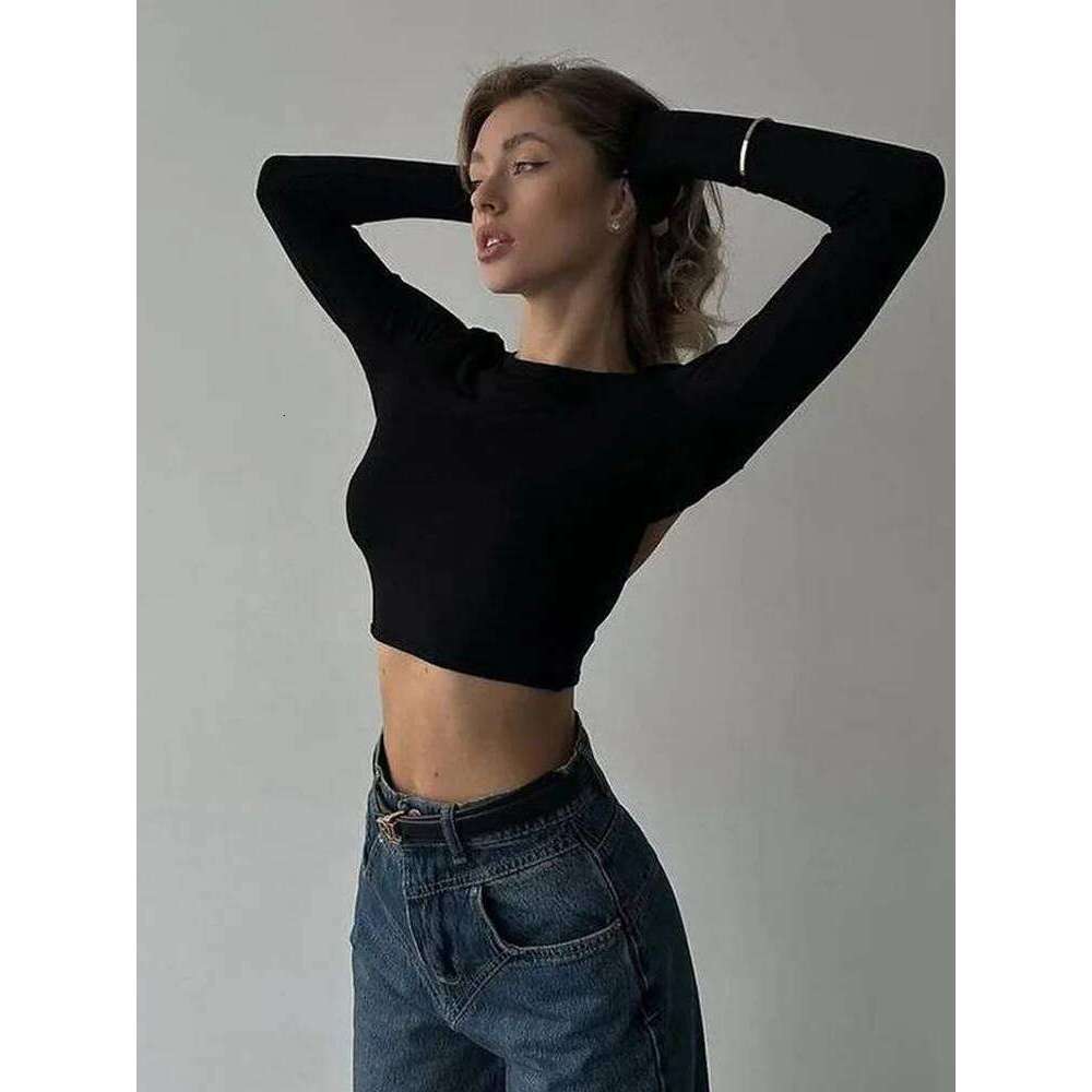 Women's classic and simple backless long sleeved slim fit crop top T-shirt, cute, fashionable, wild women's street wear