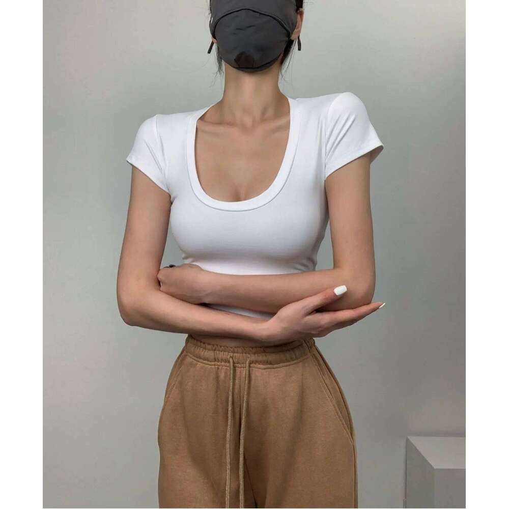 Women's Spring New Korean Style Versatile Belly Button Short Sleeve T-Shirt, Sexy Fitted U-Neck T-Shirt