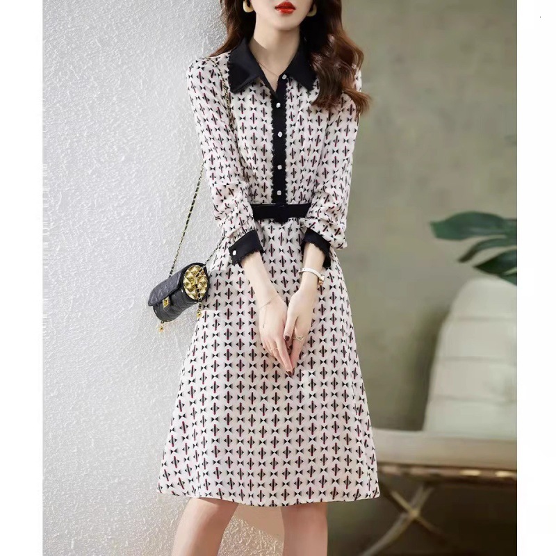 New Trendy Color-blocked Patchwork Pattern Casual And Simple Fitted Chiffon Long-sleeved Dress Shirt Dress Elegant Lady's Dress