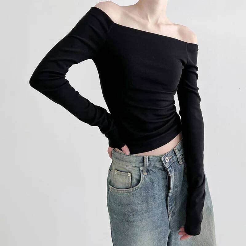 Black Solid Slash Neck Elegant Long Sleeve Tops Korean Fashion Slim Sexy Cropped T Shirt Women Fall Clothing