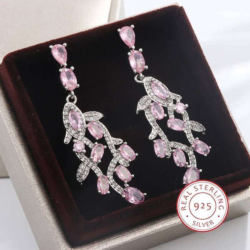 925 Silver Luxury Pink Zirconia Leaf Earrings For Women Design Sweet Romantic Wedding Dangle Jewelry Statement Long Stud Earring