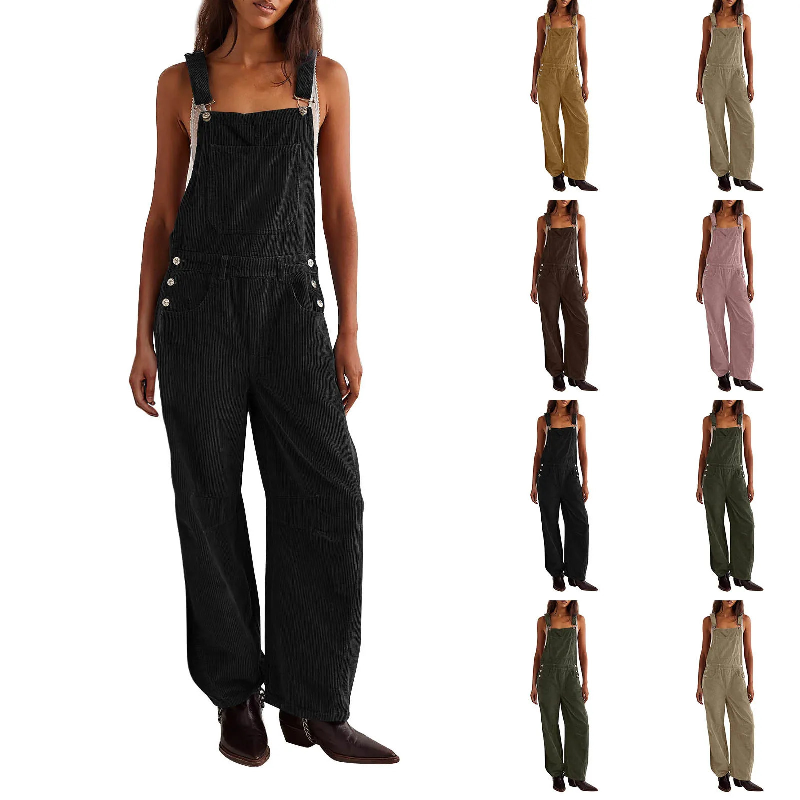 Womens Autumn Jumpsuit Casual Corduroy Loose Cargo Pants Vintage Overalls Streetwear with Adjustable Straps Side Pockets 251226