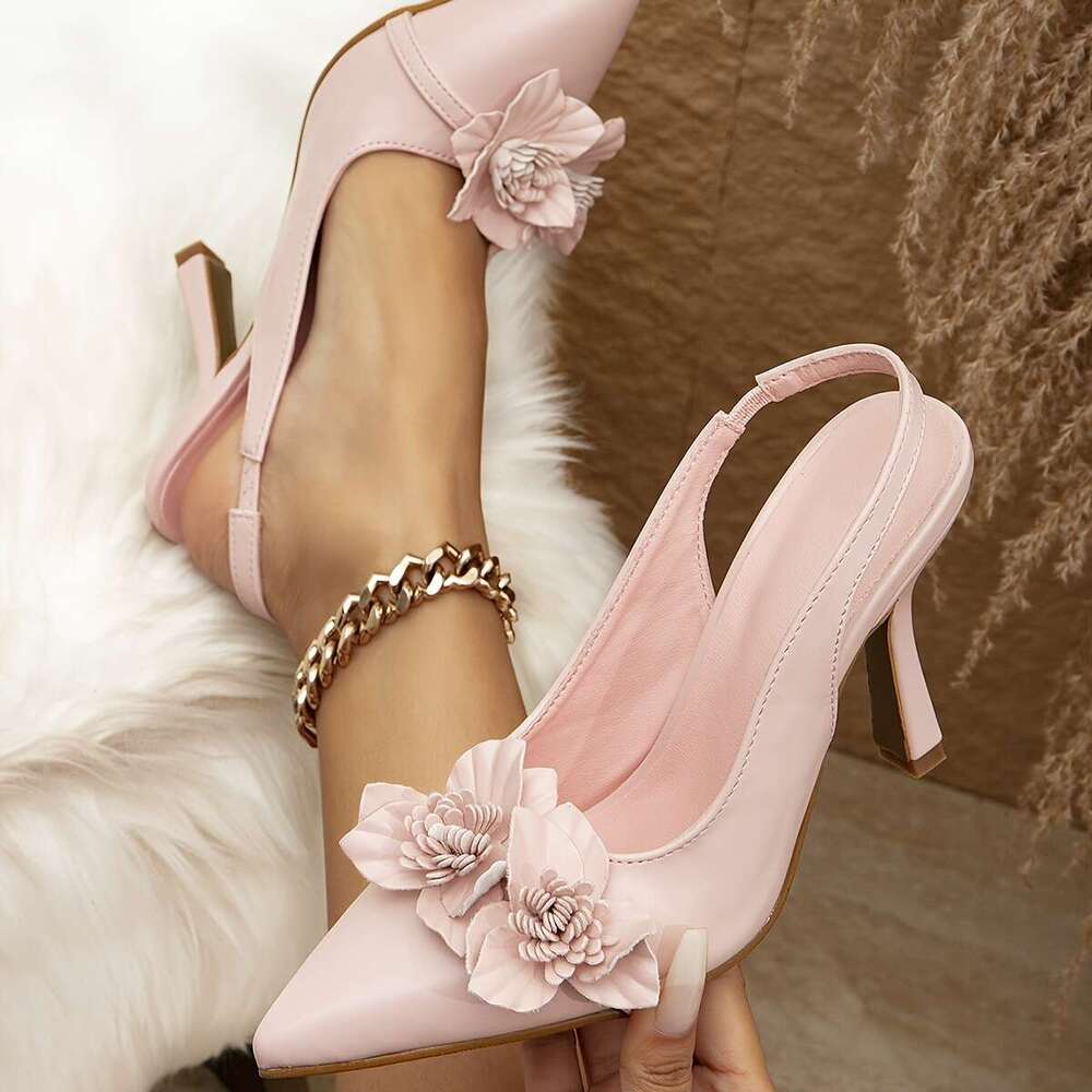 Women S Fashion Outdoor Banquet Party Pointed Toe Slip On Flat Shoes With Three Dimensional Flower Back Strap And Stiletto Heel MOJIDASHU