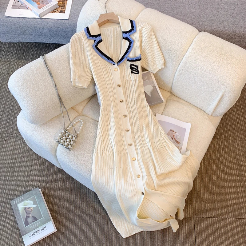 YuooMuoo Women Dress 2025 Fashion Contrast Color Collars A-line Knitted Maxi Dress Elegant Pockets Lady Robes Dropp 251225