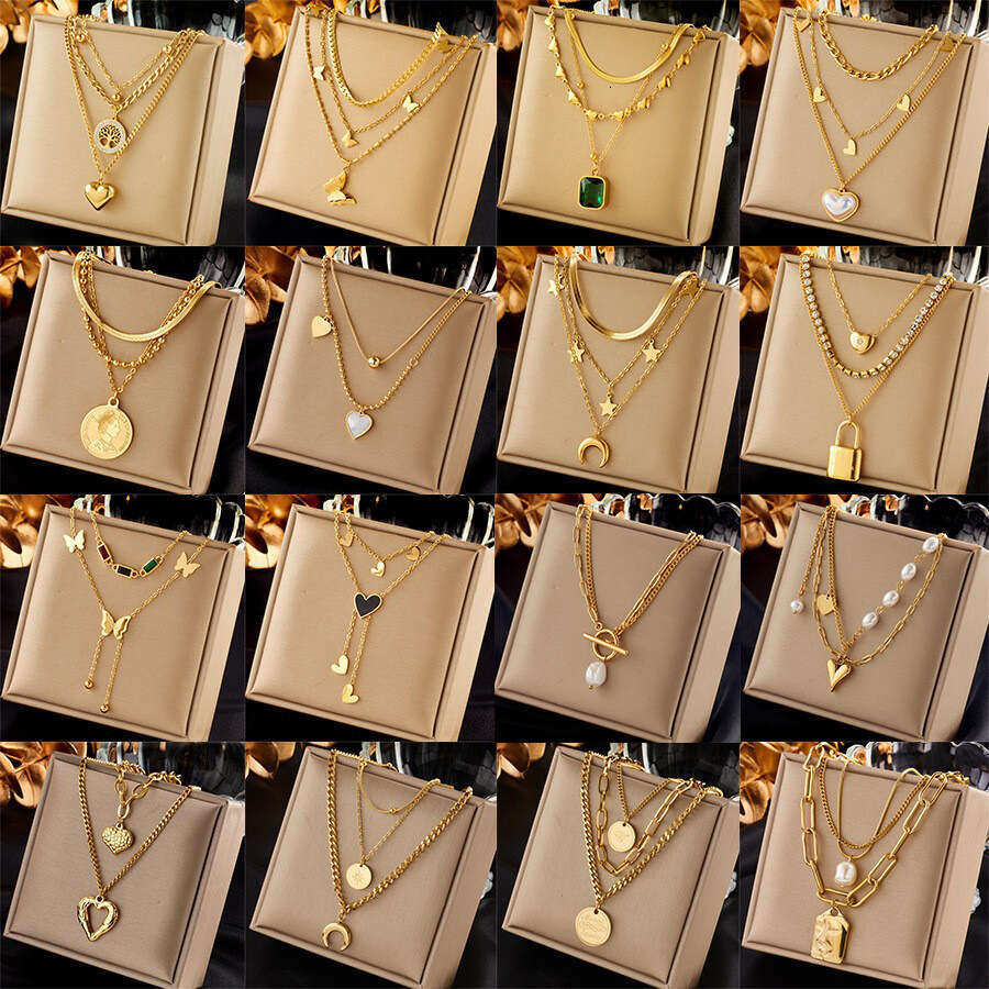 European and American Cross-Border Fashion Retro Gold-Plated Double-Layer Stacked Multi-Element Butterfly Pearl Portrait Round Pendant Necklace