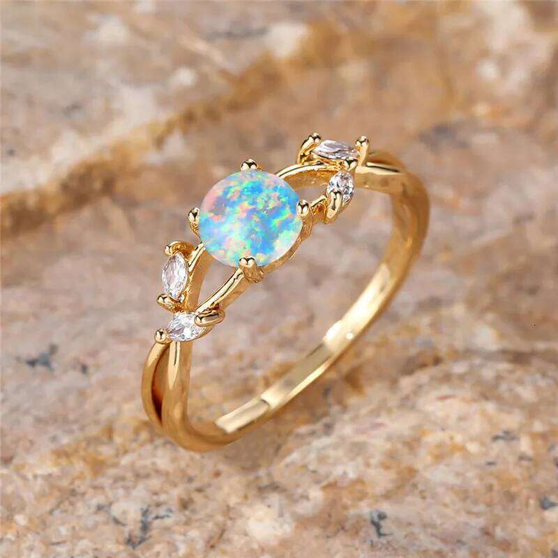 Boho Female White Round Fire Opal Stone Ring Cute Gold Color Summer Wedding Jewelry For Women