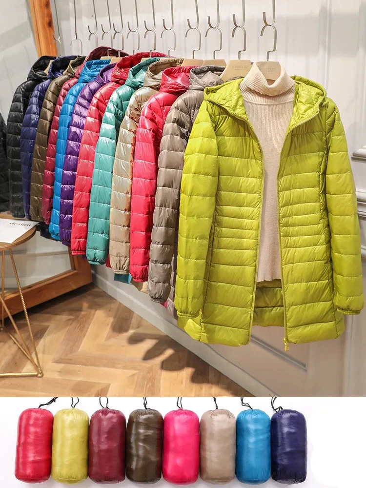 Female Long Warm Down Coat with Portable Storage Bag Women Light Jacket Ladies Overcoats HipLength High Street 251225