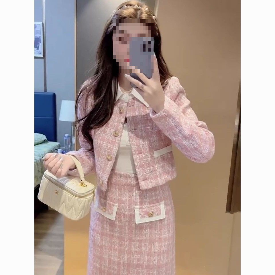 EVNISI autumn winter womens pink tweed dress long sleeved elegant office A-line dress patch work body womens vest 241010