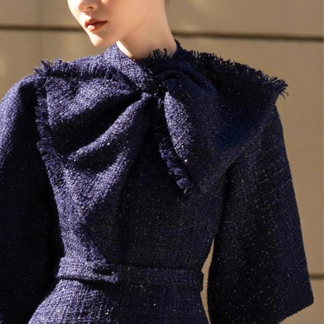 Fashionable And Elegant Urban Sexy Women's Dress 2026 Autumn New Style Tweed Mid-length Sleeve Bow Design Fitted Dress