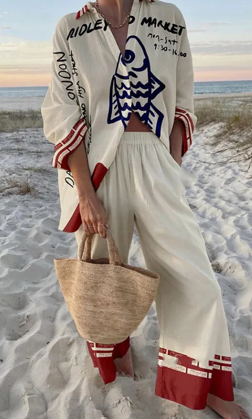 Summer Women Casual Print Two-piece Set Clothing Seaside Tropical Vacation Style Printed Lapel Shirt Wide-leg Trousers Set 251226