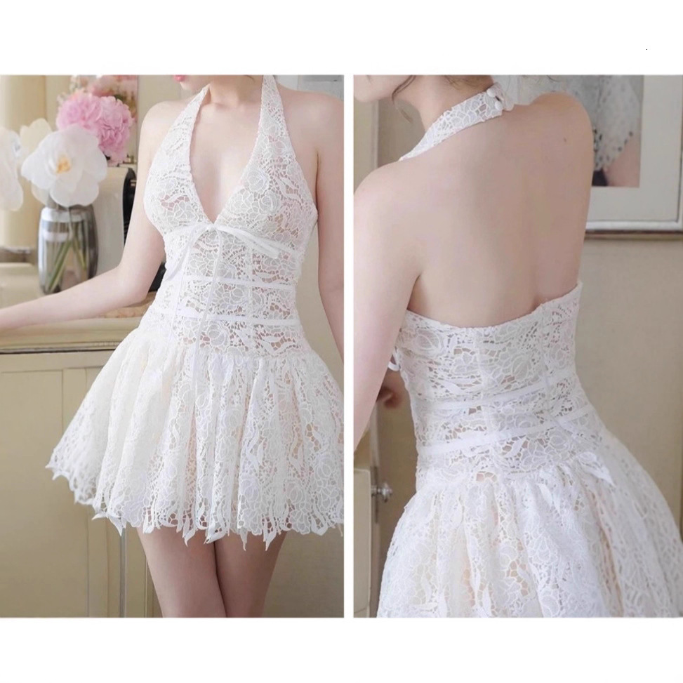 Urban Sexy Lady's Dress In French Style With A Sexy Deep V-neck And Bow Lace Crochet Embroidery. High-end And Elegant Backless Dress For Ladies S