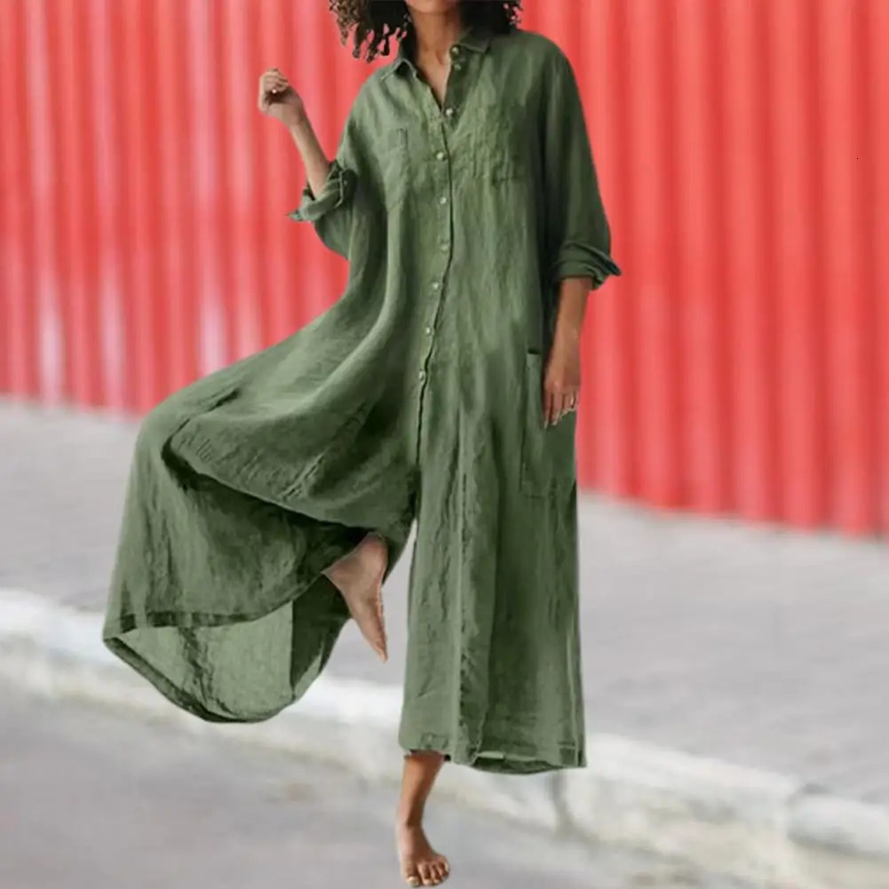 Casual Jumpsuit Breathable Cotton Linen Button Clre Female Wide Legs Pants Long Romper Adults Streetwear 251226