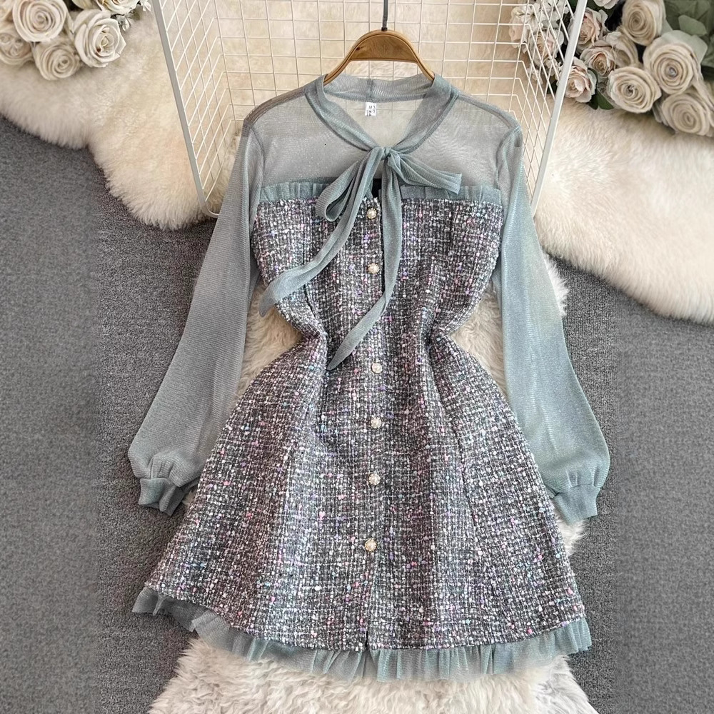 Urban Lady's Fall/winter Style Chic Fashion Socialite Elegant Mesh Material Long-sleeved Bow-neckline Waist Cinched Tight A-line Tweed Ladies