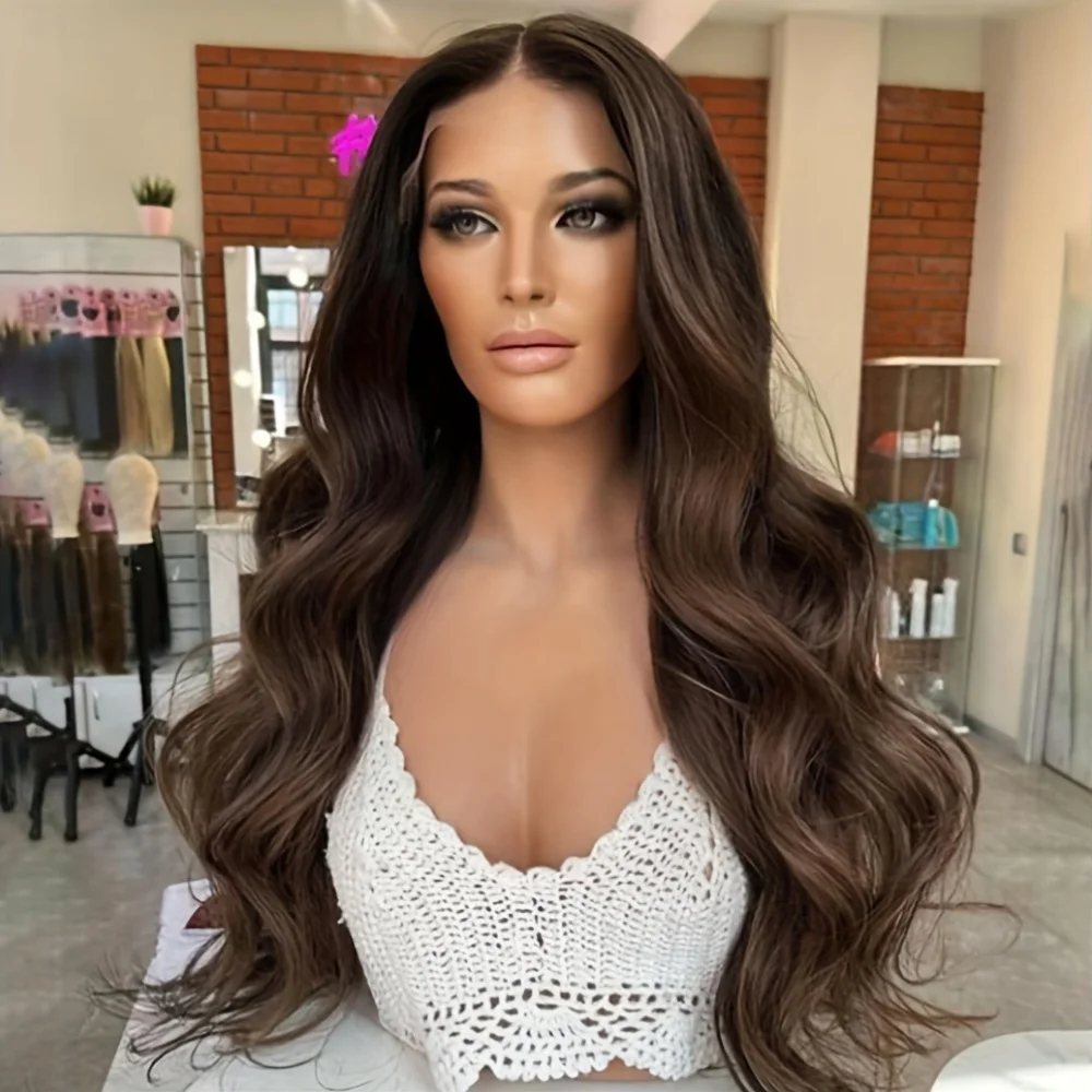 Burnette balayage natural human hair wigs fow women loose wavy full lace front wig with low highlights real hair 150%