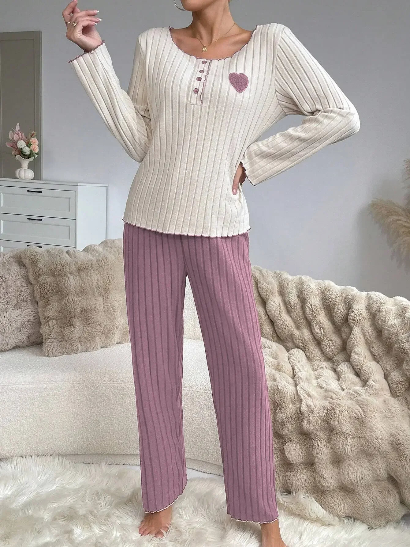 Women Autumn Winter Sleepwear Casual Long Sleeve Heart Printd Tops and Trousers Pajamas Set Homewear Loungewear 251231