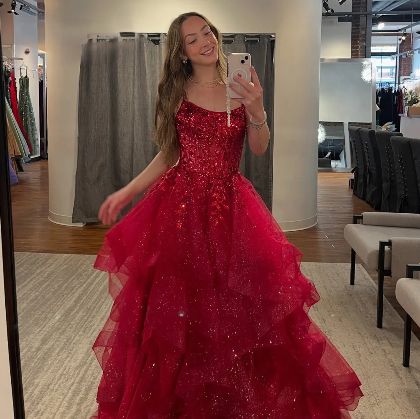A-line Evening gowns with Spaghetti Straps Appliques sequined Scoop Neck cascading ruffles Prom Dresses Formal Party Gown Customized