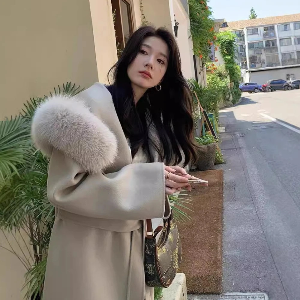 French Lazy 2025 Autumn Winter Fashion Hooded Double Faced Cashmere Coat Mid Length Real Fur Collar Wool Warm Women 251216