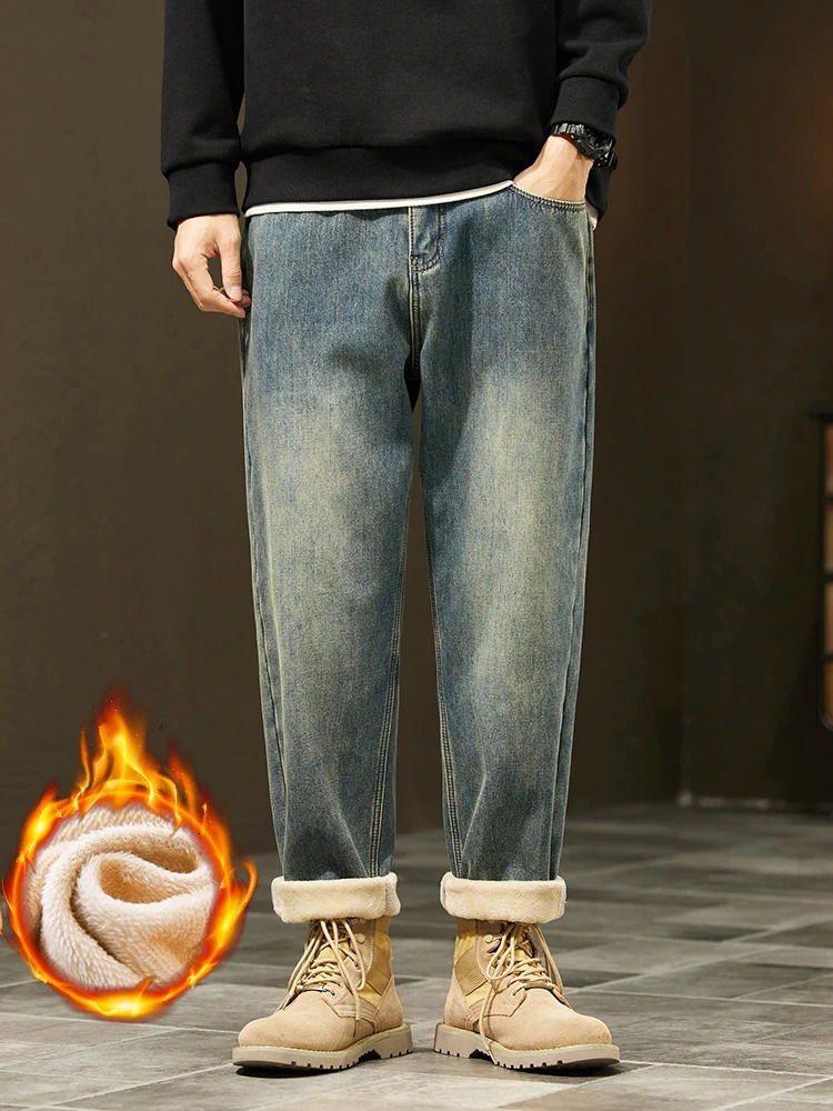Retro Loose Winter Fleece Jeans Mens Warm Thicken Fashion Casual Denim Pants Comfortable Plush Velvet Thermal Male Trousers 251226