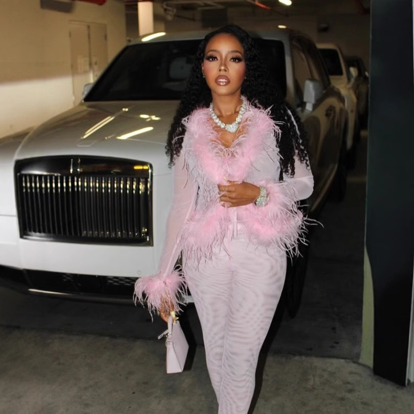 2025 Feather Patchwork Suit Fashion Casual Womens Sets Long Sleeve Tops and Pants Sexy Pink Elastic Two 2 Piece Set Outfits 251022