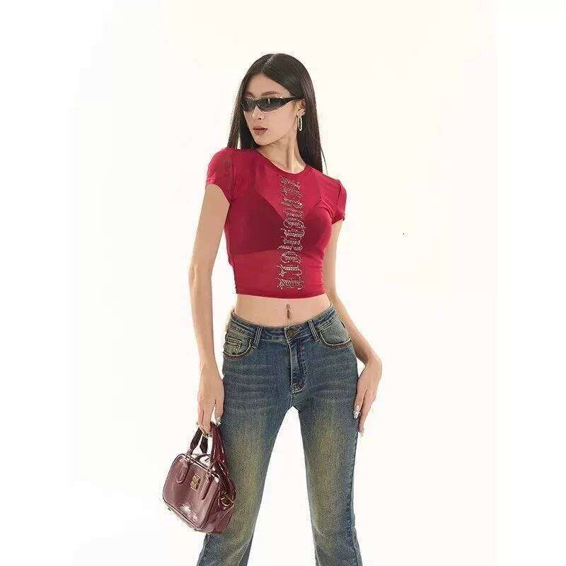 Letter hot diamond shoulder sleeved T-shirt for summer girls, slim fit and slimming short style, mesh see through jacket,