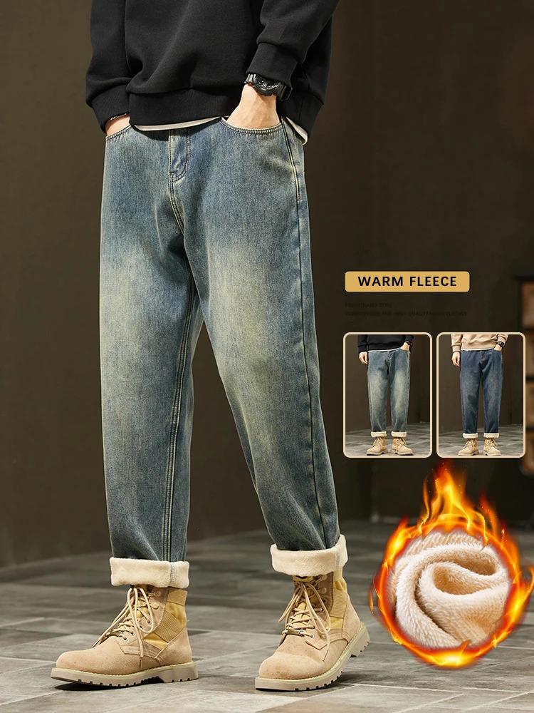 Retro Loose Winter Fleece Jeans Mens Warm Thicken Fashion Casual Denim Pants Comfortable Plush Velvet Thermal Male Trousers 251226