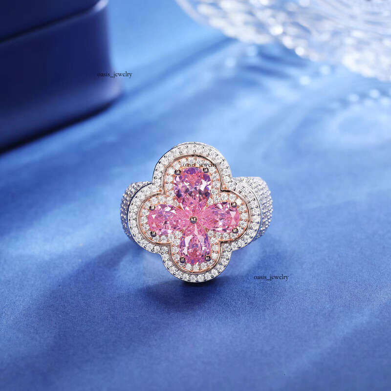 Luxury Wedding Jewelry Couple Lucky Clover 925 Sterling Silver Pink Water Drop VVS Silicon Stone VVS Moissanite Iced Cross Ring