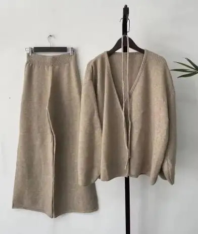 LANMREM Womens Knit 2 Piece Set Lace-up Gathered Wast Cardigan Coats High Waist Wide Leg Pants 2025 Winter 26C1023 251226