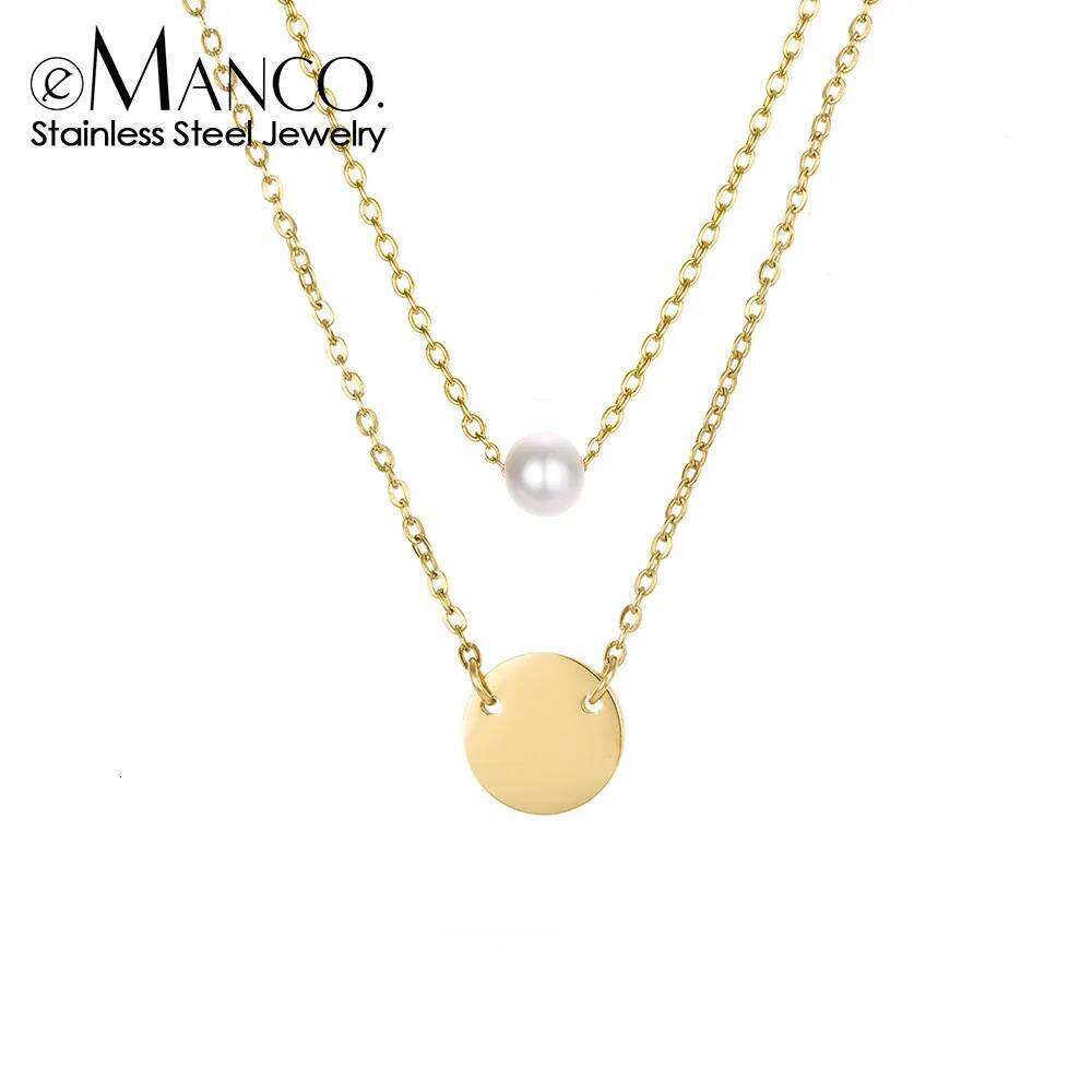 eManco Stainless Steel Layered Necklace Minimalist Style with Irregular Disc Imitation Pearl Elements Fashion Women's Jewelry