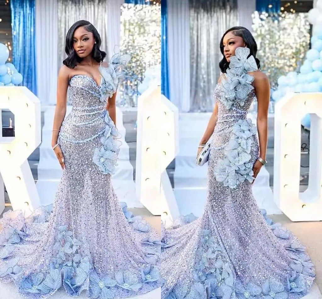 Fairy Handmade Flowers Rhinestones Sparkly Evening Dresses Aso Ebi Sweetheart Trumpet Light Blue Red Carpet Pageant Gowns Women Second Reception Prom Dress LG0522