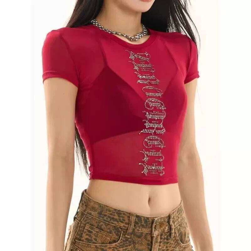Letter hot diamond shoulder sleeved T-shirt for summer girls, slim fit and slimming short style, mesh see through jacket,
