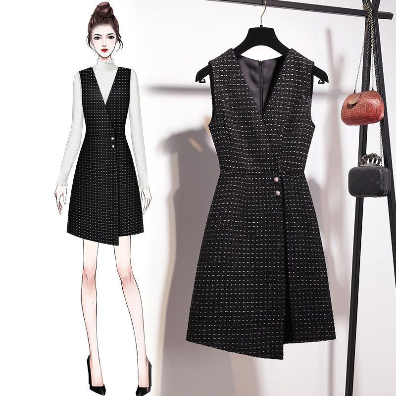 High-end Elegant Urban Sexy Dress For Women Wool Long-sleeved Fall-winter Two-piece Set Fashionable And Youthful Black Dress