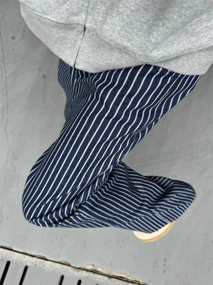 HOUZHOU Vintage Blue Striped Jeans Women Y2k Hip Hop Grunge Straight Denim Trousers Punk High Waist Streetwear Wide Leg Jeans 251225