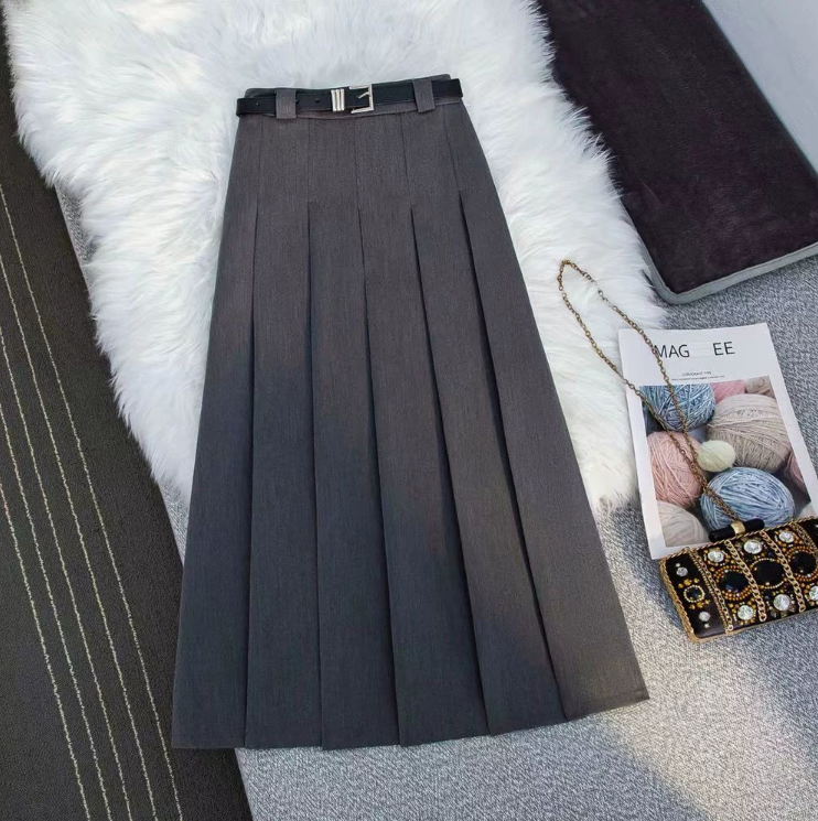 Skirts Women Maxi Skirt High Waist Pleated Ankle Length With Belt Solid Color A-Line Long For Office Women's Clothing