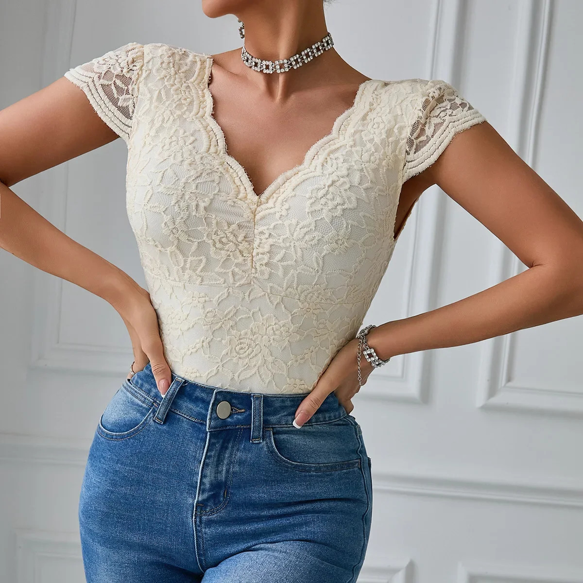 Womens Solid Lace Seethrough Deep V Backless Bodysuit Tank Tops Jumpsuit Short Sleeve Tshirt Outfits for Going Out 251231