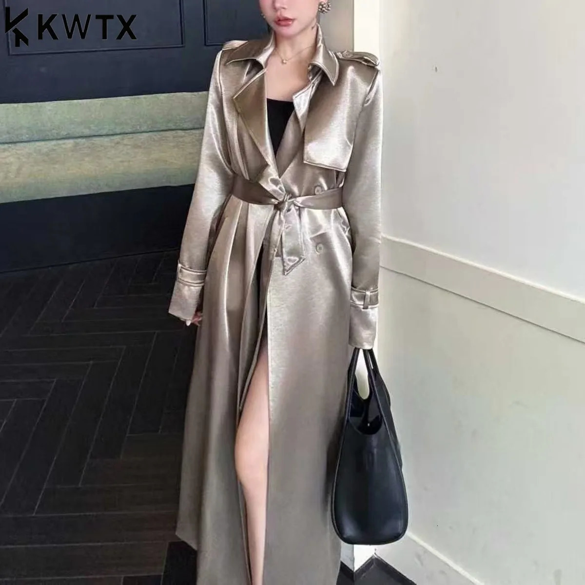 KWTX 2025 Autumn Loose Trench Coat Vintage Lapel Draped Long Overcoat With Belt Elegant Casual Minimalist Style Fall Fashion 251231