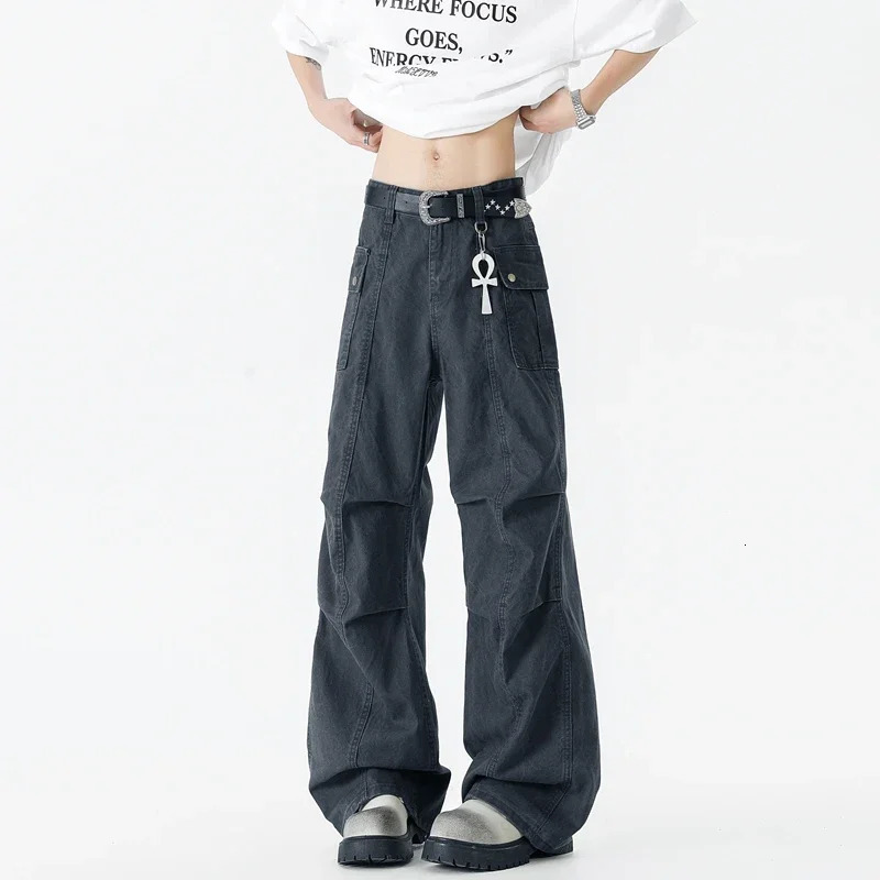 Japanese Streetwear Multi Pocket Cargo black white jeans Men Harajuku denim Casual Work Pants Baggy man Y2K Hip Hop High Street 251226